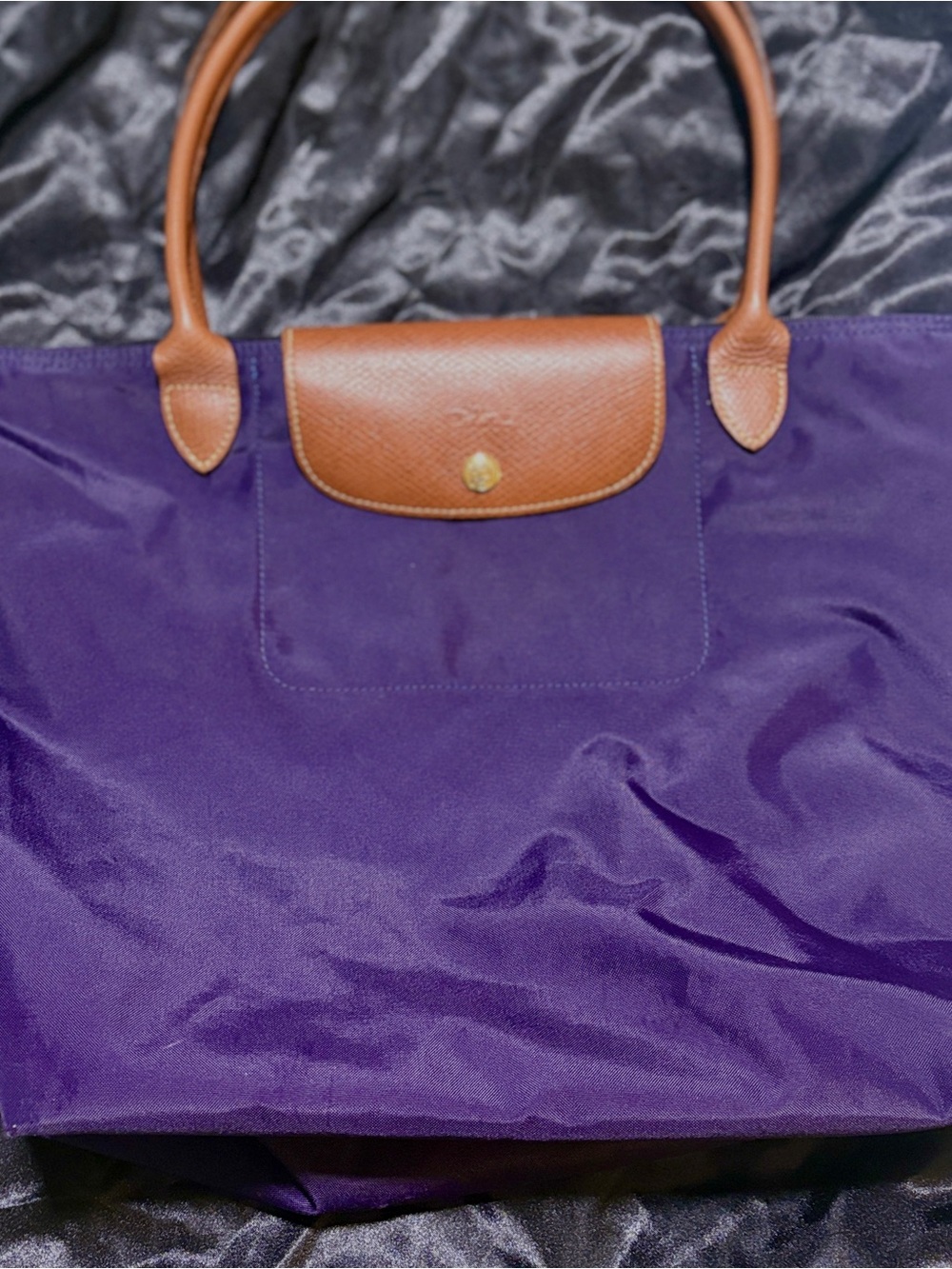 Longchamp Le Pliage Shopping Tote Purple Plum Nylon Large - Brown Leather - Picture 4 of 13